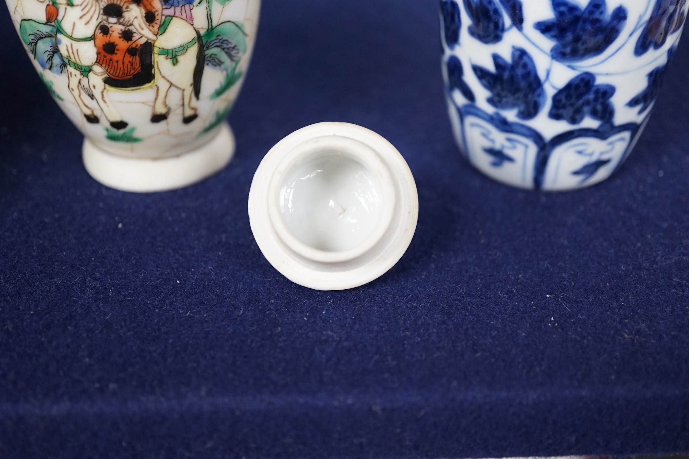 Two 19th century Chinese porcelain small vases and a small famille rose vase, tallest 11cm high